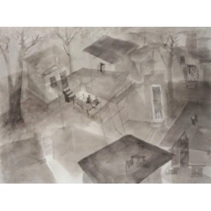 Masood A Khan, Back to Nature-2, 22 x 30 Inch, Ink and Charcoal Powder on Paper, Cityscape Paintings, AC-MAK-004